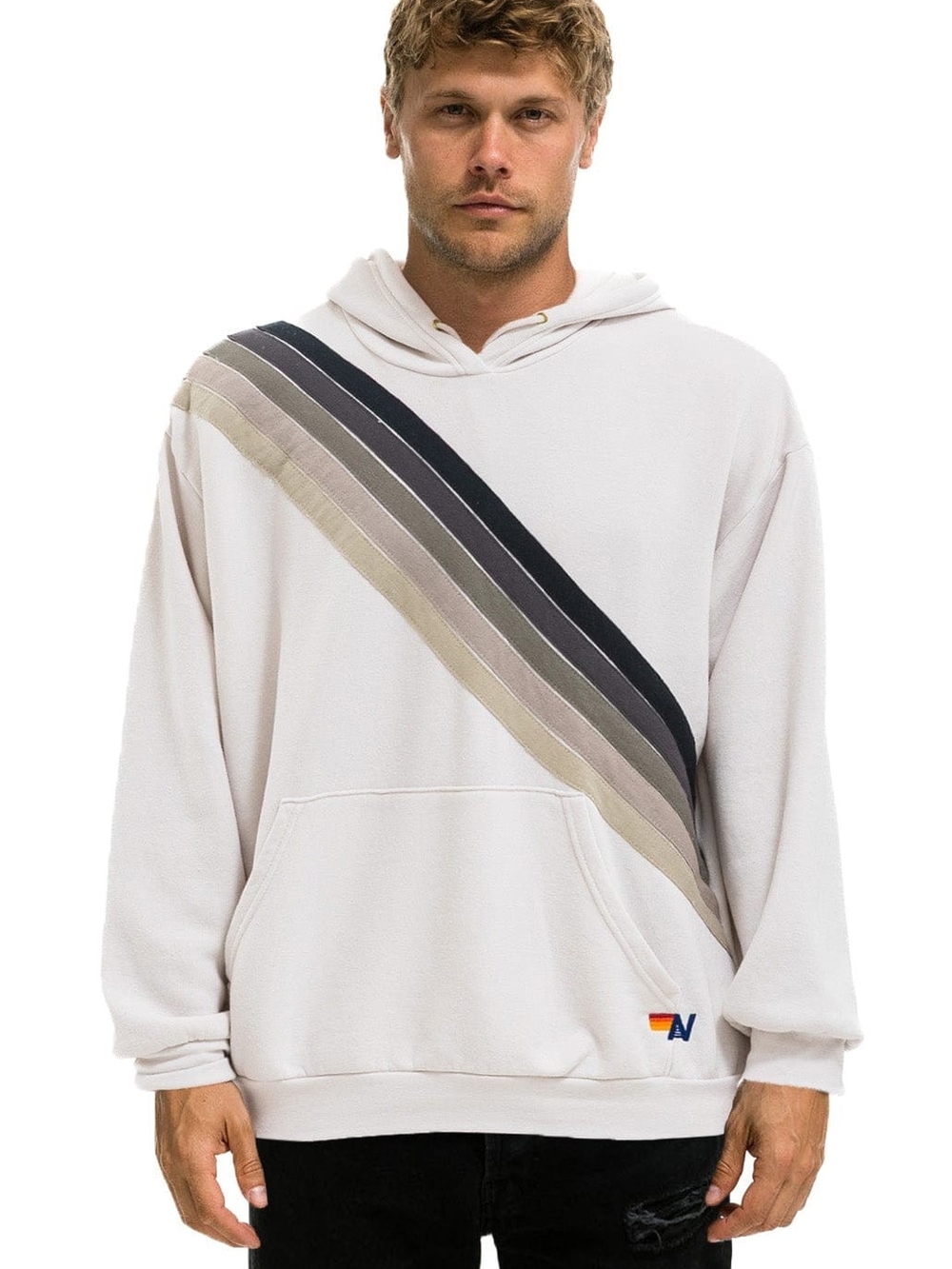 Aviator Nation CROSS STRIPE RELAXED PULLOVER HOODIE - DOVE // GREY Large